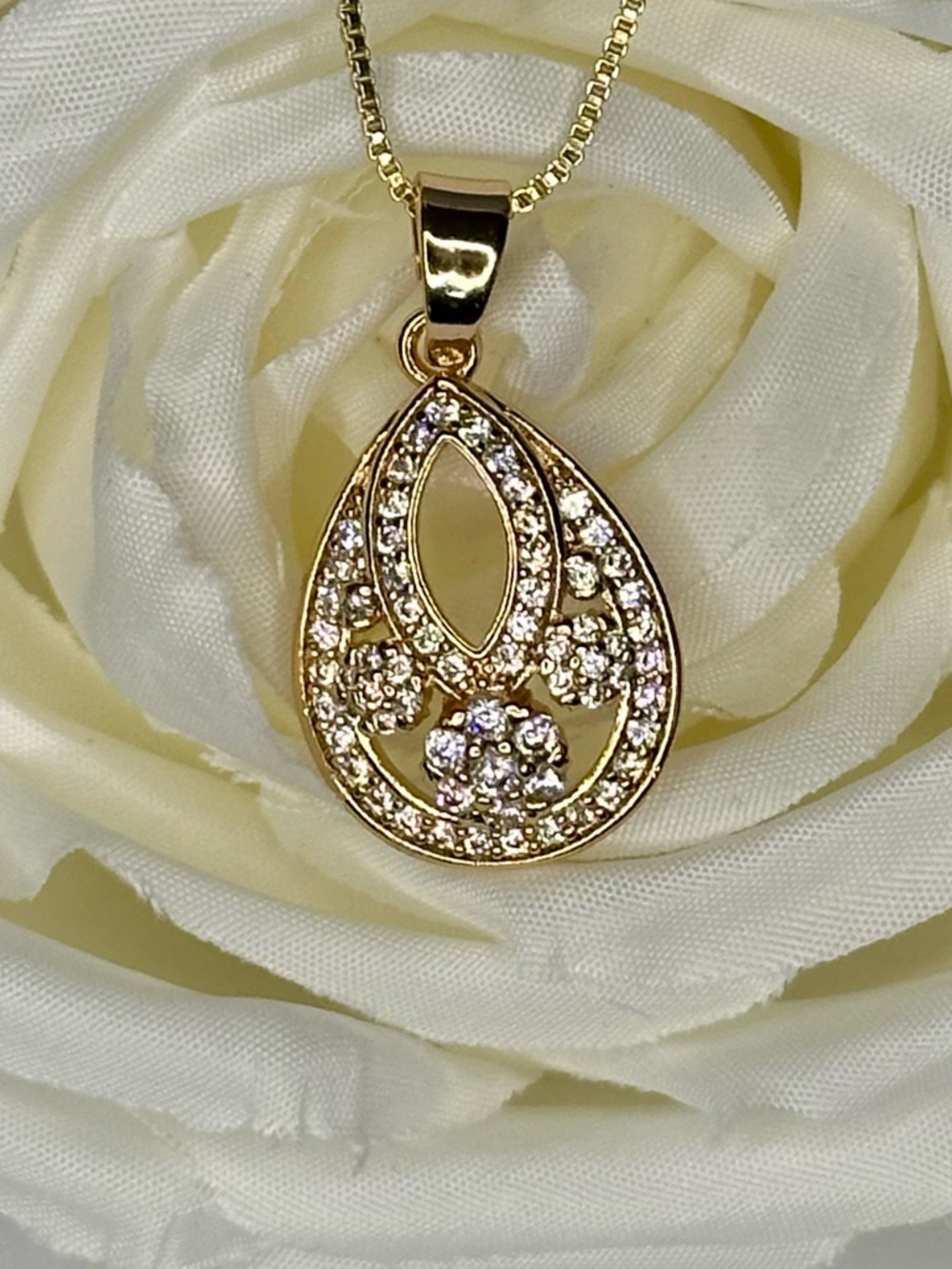 Gold Pavé CZ Teardrop Necklace Floral Pendant 18” Chain Bridal Wedding Sparkle